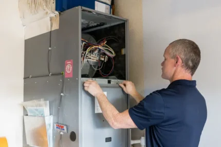 Kombi's HVAC tech working on a furnace repair in Portland area home